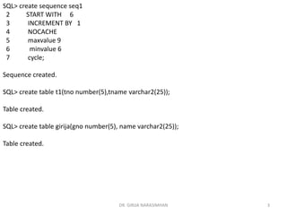 3DR. GIRIJA NARASIMHAN
SQL> create sequence seq1
2 START WITH 6
3 INCREMENT BY 1
4 NOCACHE
5 maxvalue 9
6 minvalue 6
7 cycle;
Sequence created.
SQL> create table t1(tno number(5),tname varchar2(25));
Table created.
SQL> create table girija(gno number(5), name varchar2(25));
Table created.
 