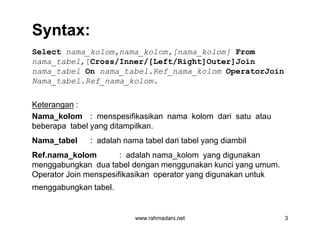 Syntax:
Select nama_kolom,nama_kolom,[nama_kolom] From
nama_tabel,[Cross/Inner/[Left/Right]Outer]Join
nama_tabel On nama_tabel.Ref_nama_kolom OperatorJoin
Nama_tabel.Ref_nama_kolom.
Keterangan :
Nama_kolom : menspesifikasikan nama kolom dari satu atau
beberapa tabel yang ditampilkan.
Nama_tabel : adalah nama tabel dari tabel yang diambil
Ref.nama_kolom : adalah nama_kolom yang digunakan
menggabungkan dua tabel dengan menggunakan kunci yang umum.
Operator Join menspesifikasikan operator yang digunakan untuk
menggabungkan tabel.
www.rahmadani.net 3
Select nama_kolom,nama_kolom,[nama_kolom] From
nama_tabel,[Cross/Inner/[Left/Right]Outer]Join
nama_tabel On nama_tabel.Ref_nama_kolom OperatorJoin
Nama_tabel.Ref_nama_kolom.
Keterangan :
Nama_kolom : menspesifikasikan nama kolom dari satu atau
beberapa tabel yang ditampilkan.
Nama_tabel : adalah nama tabel dari tabel yang diambil
Ref.nama_kolom : adalah nama_kolom yang digunakan
menggabungkan dua tabel dengan menggunakan kunci yang umum.
Operator Join menspesifikasikan operator yang digunakan untuk
menggabungkan tabel.
 