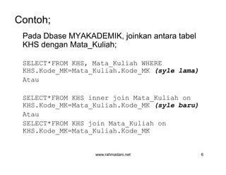 Contoh;
Pada Dbase MYAKADEMIK, joinkan antara tabel
KHS dengan Mata_Kuliah;
SELECT*FROM KHS, Mata_Kuliah WHERE
KHS.Kode_MK=Mata_Kuliah.Kode_MK (syle lama)
Atau
SELECT*FROM KHS inner join Mata_Kuliah on
KHS.Kode_MK=Mata_Kuliah.Kode_MK (syle baru)
Atau
SELECT*FROM KHS join Mata_Kuliah on
KHS.Kode_MK=Mata_Kuliah.Kode_MK
www.rahmadani.net 6
Pada Dbase MYAKADEMIK, joinkan antara tabel
KHS dengan Mata_Kuliah;
SELECT*FROM KHS, Mata_Kuliah WHERE
KHS.Kode_MK=Mata_Kuliah.Kode_MK (syle lama)
Atau
SELECT*FROM KHS inner join Mata_Kuliah on
KHS.Kode_MK=Mata_Kuliah.Kode_MK (syle baru)
Atau
SELECT*FROM KHS join Mata_Kuliah on
KHS.Kode_MK=Mata_Kuliah.Kode_MK
 