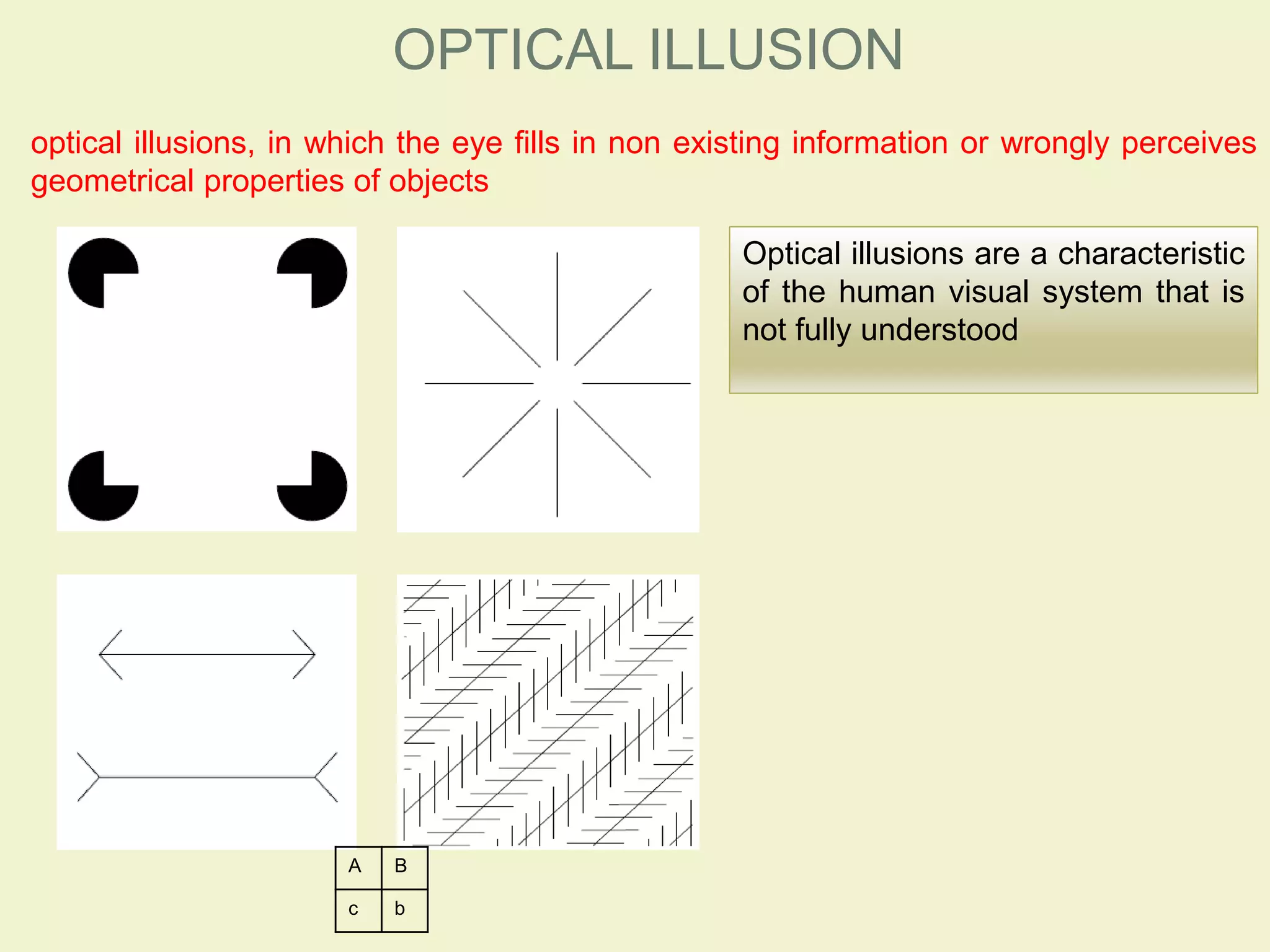 optical illusions, in which the eye fills in non existing information or wrongly perceives
geometrical properties of objects
OPTICAL ILLUSION
A B
c b
Optical illusions are a characteristic
of the human visual system that is
not fully understood
 