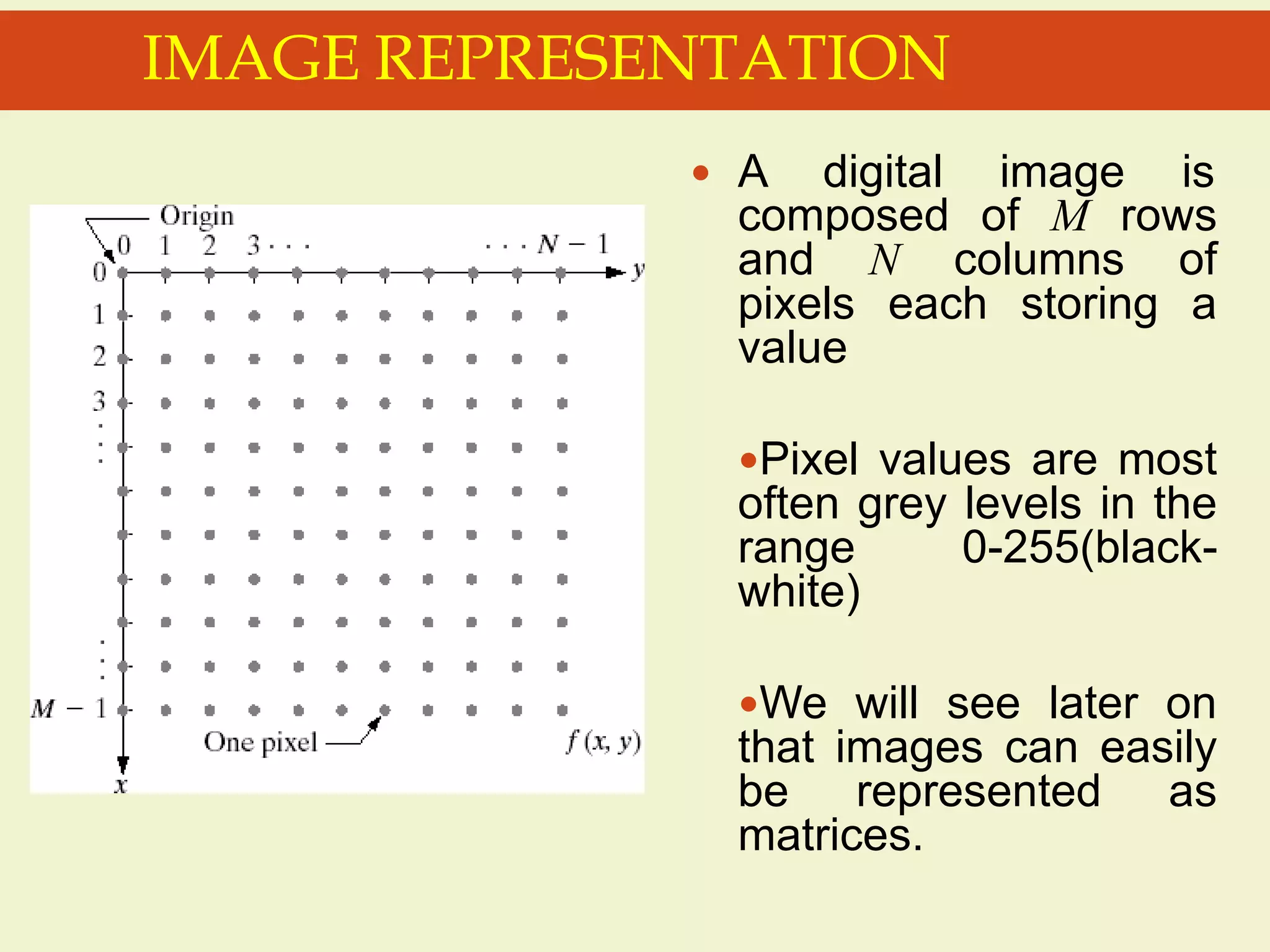  A digital image is
composed of M rows
and N columns of
pixels each storing a
value
Pixel values are most
often grey levels in the
range 0-255(black-
white)
We will see later on
that images can easily
be represented as
matrices.
IMAGE REPRESENTATION
 