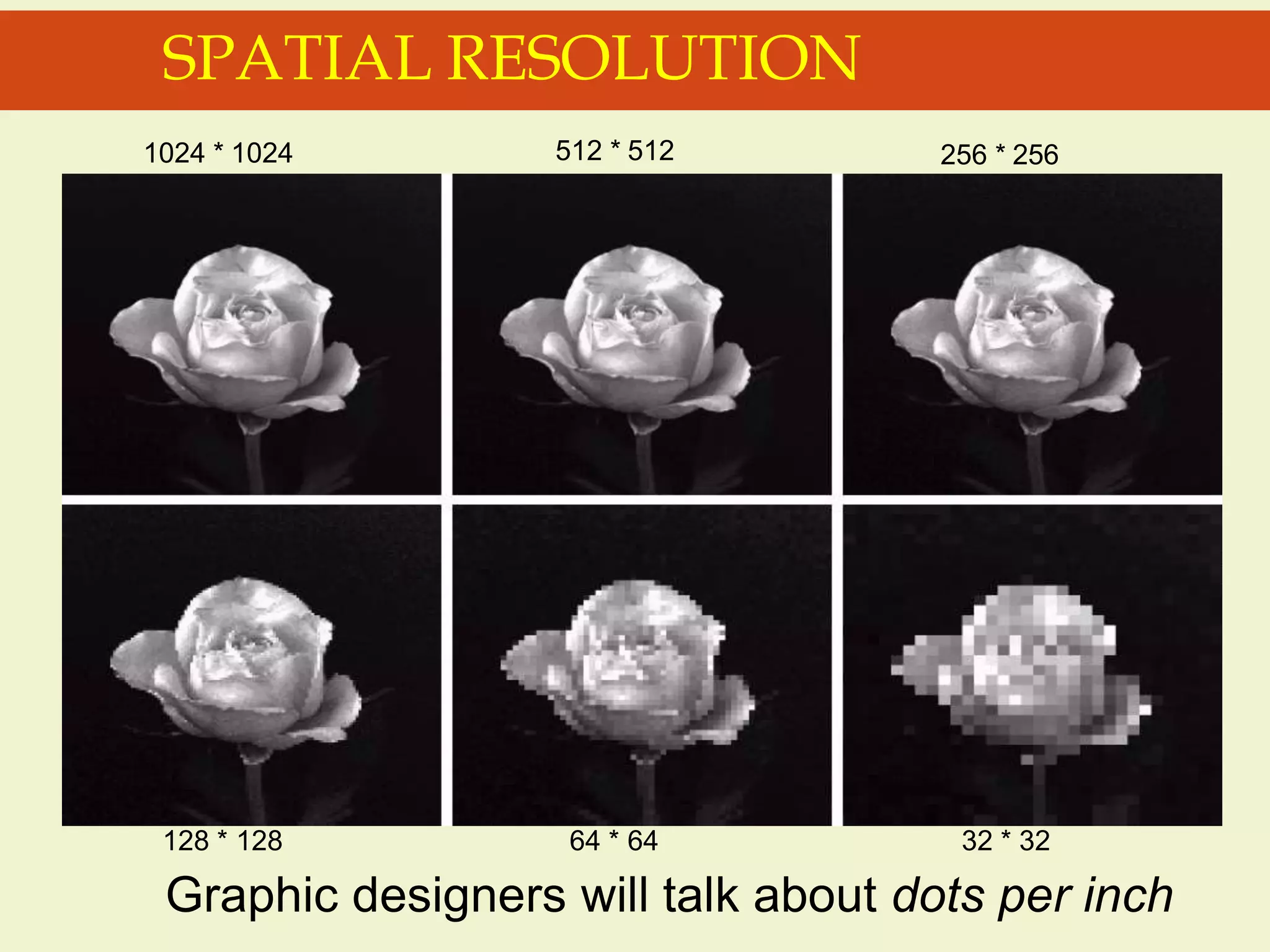 SPATIAL RESOLUTION
1024 * 1024 512 * 512 256 * 256
128 * 128 64 * 64 32 * 32
Graphic designers will talk about dots per inch
 