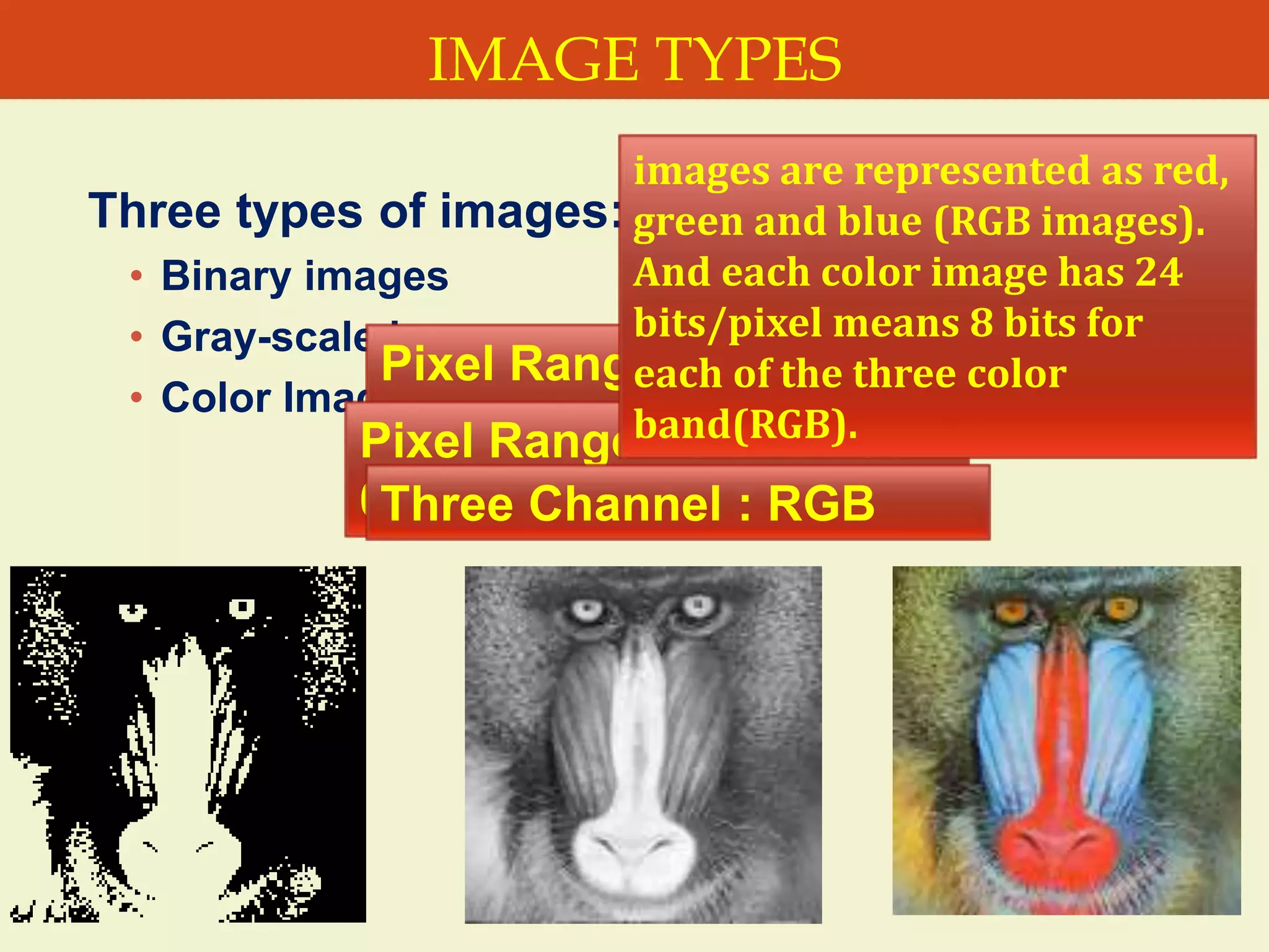 IMAGE TYPES
Three types of images:
• Binary images
• Gray-scale images
• Color Images
Pixel Range : 0 and 1
0-Black & 1- whitePixel Range : 0 and 255
0-Black & 255-WhiteThree Channel : RGB
images are represented as red,
green and blue (RGB images).
And each color image has 24
bits/pixel means 8 bits for
each of the three color
band(RGB).
 