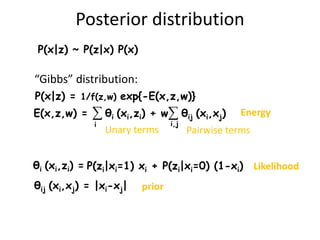 Posterior distribution
 P(x|z) ~ P(z|x) P(x)

“Gibbs” distribution:
P(x|z) = 1/f(z,w) exp{-E(x,z,w)}
E(x,z,w) =   ∑ θi (xi...