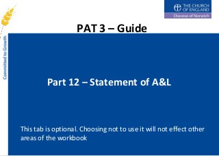 PAT 3 – Guide
Part 12 – Statement of A&L
This tab is optional. Choosing not to use it will not effect other
areas of the workbook
 