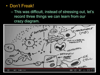 • Don’t Freak!
– This was difficult, instead of stressing out, let’s
record three things we can learn from our
crazy diagram.
• Cells can give off chemical signals
• Cells can tell cells to die off
• There are many lines of defense.
 