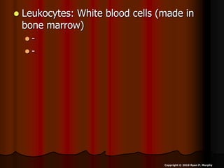  Leukocytes: White blood cells (made in
bone marrow)
 -
 -
Copyright © 2010 Ryan P. Murphy
 