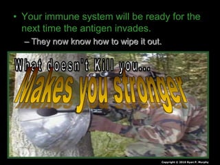 • Your immune system will be ready for the
next time the antigen invades.
– They now know how to wipe it out.
Copyright © 2010 Ryan P. Murphy
 