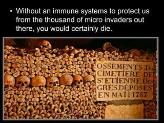 • Without an immune systems to protect us
from the thousand of micro invaders out
there, you would certainly die.
 
