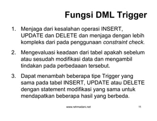 Fungsi DML TriggerFungsi DML Trigger
1. Menjaga dari kesalahan operasi INSERT,
UPDATE dan DELETE dan menjaga dengan lebih
kompleks dari pada penggunaan constraint check.
2. Mengevaluasi keadaan dari tabel apakah sebelum
atau sesudah modifikasi data dan mengambil
tindakan pada perbedaaan tersebut.
3. Dapat menambah beberapa tipe Trigger yang
sama pada tabel INSERT, UPDATE atau DELETE
dengan statement modifikasi yang sama untuk
mendapatkan beberapa hasil yang berbeda.
www.rahmadani.net 11
1. Menjaga dari kesalahan operasi INSERT,
UPDATE dan DELETE dan menjaga dengan lebih
kompleks dari pada penggunaan constraint check.
2. Mengevaluasi keadaan dari tabel apakah sebelum
atau sesudah modifikasi data dan mengambil
tindakan pada perbedaaan tersebut.
3. Dapat menambah beberapa tipe Trigger yang
sama pada tabel INSERT, UPDATE atau DELETE
dengan statement modifikasi yang sama untuk
mendapatkan beberapa hasil yang berbeda.
 