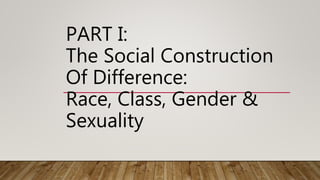 PART I:
The Social Construction
Of Difference:
Race, Class, Gender &
Sexuality
 