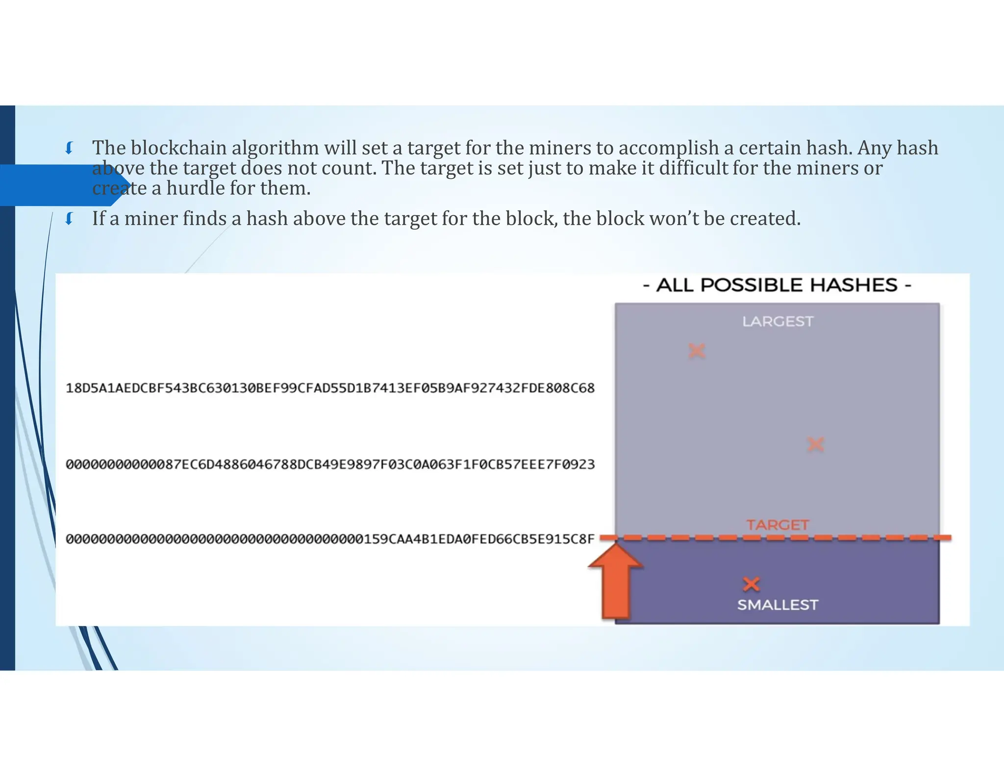  The blockchain algorithm will set a target for the miners to accomplish a certain hash. Any hash
above the target does not count. The target is set just to make it difficult for the miners or
create a hurdle for them.
 If a miner finds a hash above the target for the block, the block won’t be created.
 