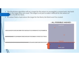  The blockchain algorithm will set a target for the miners to accomplish a certain hash. Any hash
above the target does not count. The target is set just to make it difficult for the miners or
create a hurdle for them.
 If a miner finds a hash above the target for the block, the block won’t be created.
 