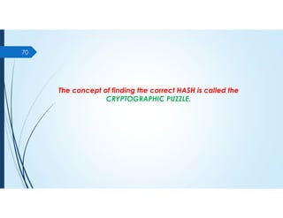 70
The concept of finding the correct HASH is called the
CRYPTOGRAPHIC PUZZLE.
 