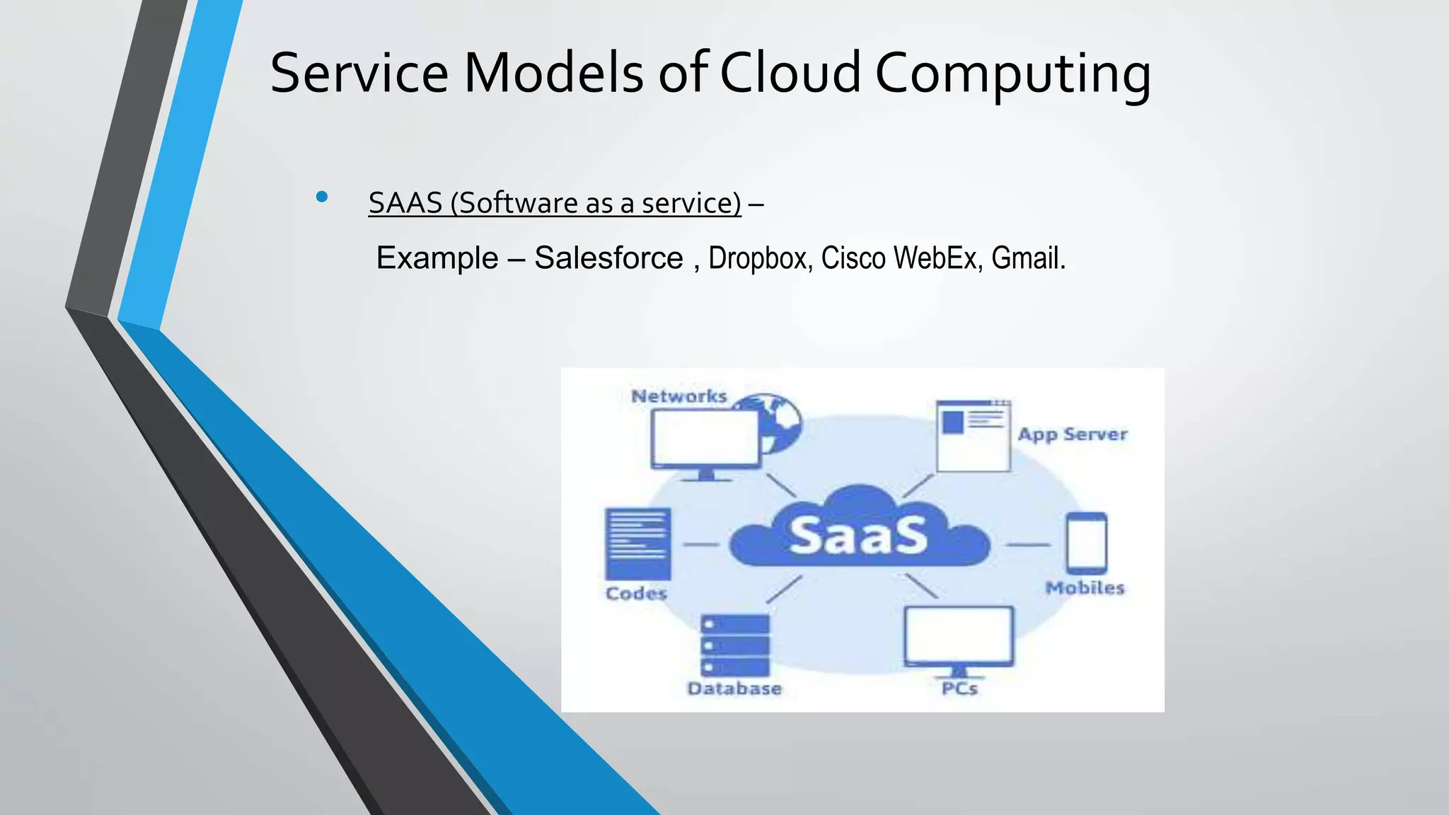 Service Models of Cloud Computing
• SAAS (Software as a service) –
Example – Salesforce , Dropbox, Cisco WebEx, Gmail.
 