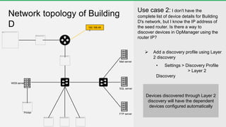 Network topology of Building
D
Mail server
SQL server
FTP server
Printer
WEB server
192.168.49
.1
Use case 2: I don't have the
complete list of device details for Building
D's network, but I know the IP address of
the seed router. Is there a way to
discover devices in OpManager using the
router IP?
 Add a discovery profile using Layer
2 discovery
• Settings > Discovery Profile
> Layer 2
Discovery
Devices discovered through Layer 2
discovery will have the dependent
devices configured automatically
 