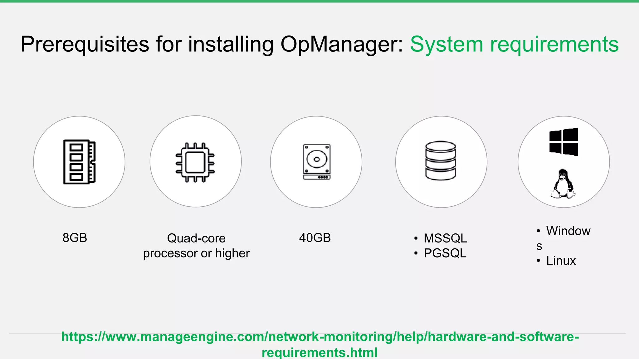Prerequisites for installing OpManager: System requirements
Quad-core
processor or higher
• MSSQL
• PGSQL
40GB8GB
• Window
s
• Linux
https://www.manageengine.com/network-monitoring/help/hardware-and-software-
requirements.html
 