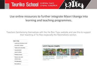 Use online resources to further integrate Maori tikanga into
               learning and teaching programmes.


Teachers familiarising themselves with the He Reo Tupu website and use this to support
             their teaching of Te Reo especially the Reomations section.
 