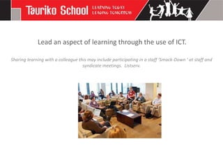 Lead an aspect of learning through the use of ICT.

Sharing learning with a colleague this may include participating in a staff ‘Smack-Down ' at staff and
                                    syndicate meetings. Listserv.
 