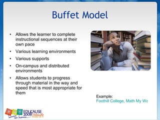 Buffet Model Allows the learner to complete instructional sequences at their own pace Various learning environments  Various supports On-campus and distributed environments Allows students to progress through material in the way and speed that is most appropriate for them Example:  Foothill College, Math My Way 