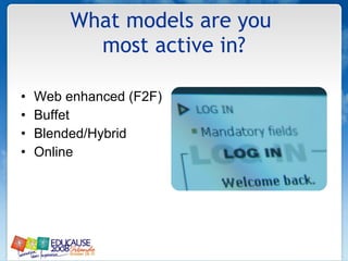 What models are you  most active in? Web enhanced (F2F) Buffet Blended/Hybrid Online  