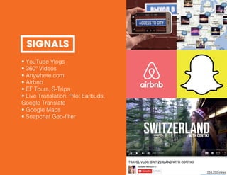 • YouTube Vlogs
• 360º Videos
• Anywhere.com
• Airbnb
• EF Tours, S-Trips
• Live Translation: Pilot Earbuds,
Google Translate
• Google Maps
• Snapchat Geo-filter
SIGNALS
 