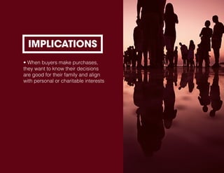 • When buyers make purchases,
they want to know their decisions
are good for their family and align
with personal or charitable interests
IMPLICATIONS
 