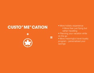 CUSTO”ME”CATION
+
=
• More holistic experience
• More than just flying but
rather travelling
• Planning your vacation while
on the go
• More meaningful travel loyalty
program - personalized your
savings
 