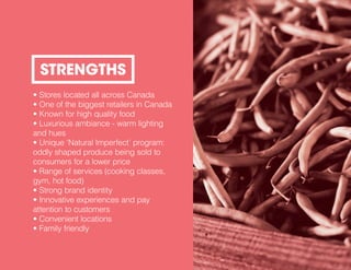 • Stores located all across Canada
• One of the biggest retailers in Canada
• Known for high quality food
• Luxurious ambiance - warm lighting
and hues
• Unique ‘Natural Imperfect’ program:
oddly shaped produce being sold to
consumers for a lower price
• Range of services (cooking classes,
gym, hot food)
• Strong brand identity
• Innovative experiences and pay
attention to customers
• Convenient locations
• Family friendly
STRENGTHS
 