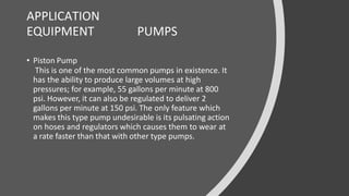 APPLICATION
EQUIPMENT CENTRIFUGAL PUMPS
• Centrifugal Pumps
• This type of pump is best noted for its ability to deliver h...