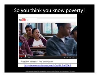 So you think you know poverty!
Global Learning Framework© Copyright 2009 Richard C. Close, No version can be reproduced in any format.  
https://www.youtube.com/watch?v=HU_BueZZNd8
 