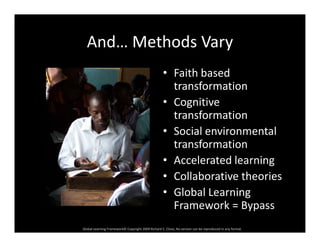 And… Methods VaryAnd… Methods Vary
• Faith based a t based
transformation
• Cognitive g
transformation
• Social environmental 
transformation
• Accelerated learning
• Collaborative theories
• Global Learning 
k
Global Learning Framework© Copyright 2009 Richard C. Close, No version can be reproduced in any format.  
Framework = Bypass
 