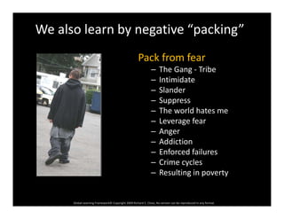 We also learn by negative “packing”
Pack from fear
The Gang Tribe– The Gang ‐ Tribe
– Intimidate
– Slander
– Suppress
– The world hates me
– Leverage fearLeverage fear
– Anger
– Addiction
Enforced failures– Enforced failures
– Crime cycles
– Resulting in poverty
Global Learning Framework© Copyright 2009 Richard C. Close, No version can be reproduced in any format.  
 