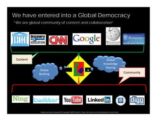 We have entered into a Global Democracy
“We are global community of content and collaboration”We are global community of content and collaboration
Global 
Knowledge 
Sharing
Content
Global 
Banking
Sharing
Community
Global Learning Framework© Copyright 2009 Richard C. Close, No version can be reproduced in any format.  
 