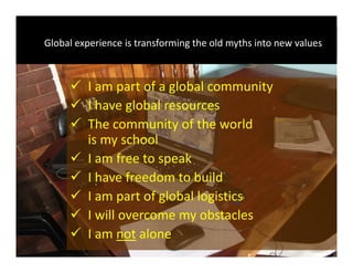 Global experience is transforming the old myths into new values
 I am part of a global community I am part of a global community
 I have global resources
 h f h ld The community of the world 
is my school
 f k I am free to speak
 I have freedom to build
 I am part of global logistics
 I will overcome my obstacles 
Global Learning Framework© Copyright 2009 Richard C. Close, No version can be reproduced in any format.  
 I am not alone
 