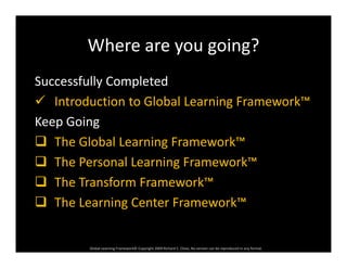 Where are you going?Where are you going?
Successfully CompletedSuccessfully Completed
 Introduction to Global Learning Framework™
G iKeep Going
 The Global Learning Framework™
 The Personal Learning Framework™
 The Transform Framework™ The Transform Framework
 The Learning Center Framework™
Global Learning Framework© Copyright 2009 Richard C. Close, No version can be reproduced in any format.  
 