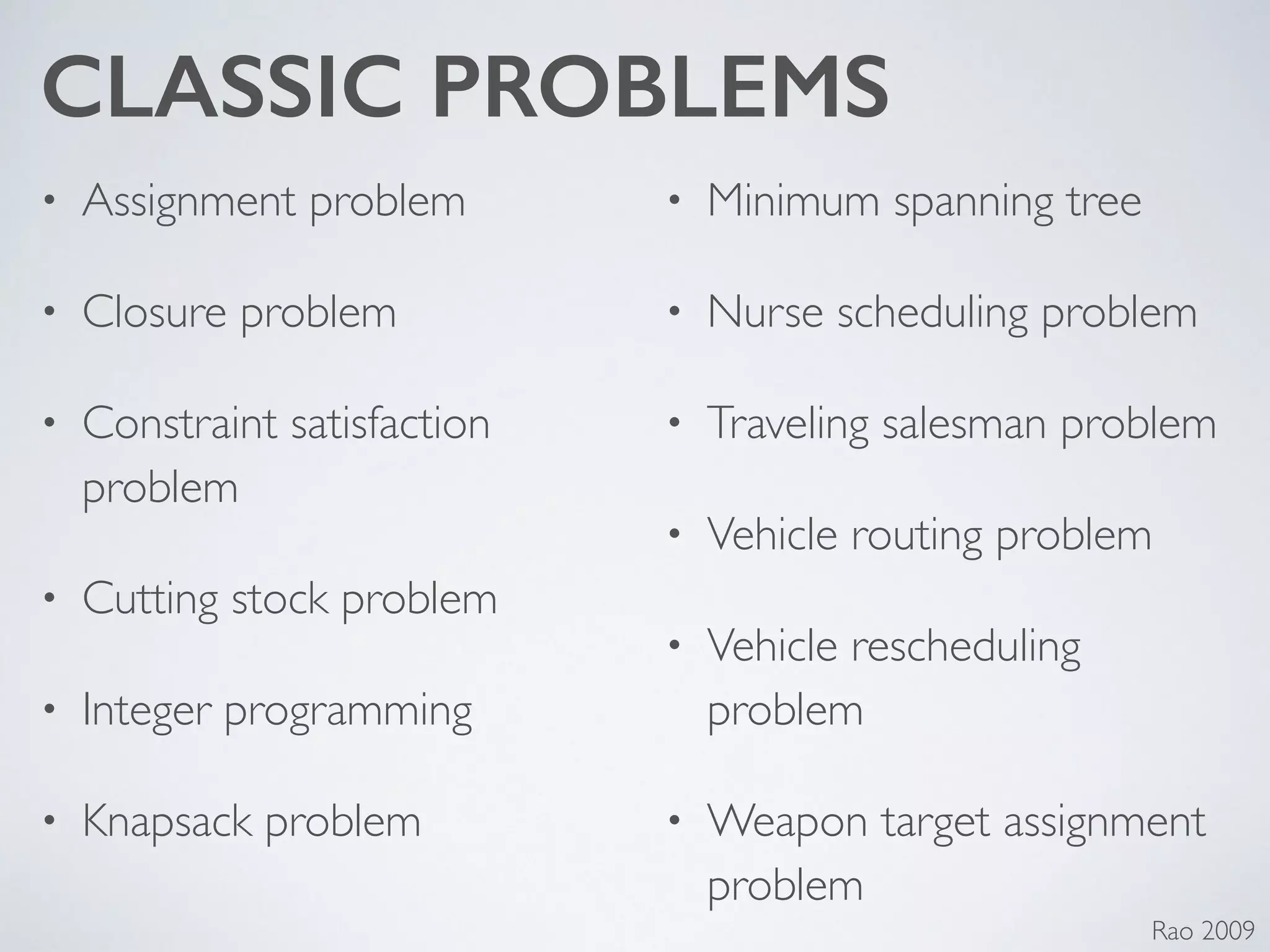 CLASSIC PROBLEMS
• Assignment problem	

• Closure problem	

• Constraint satisfaction
problem	

• Cutting stock problem	

• Integer programming	

• Knapsack problem	

• Minimum spanning tree	

• Nurse scheduling problem	

• Traveling salesman problem	

• Vehicle routing problem	

• Vehicle rescheduling
problem	

• Weapon target assignment
problem
Rao 2009
 