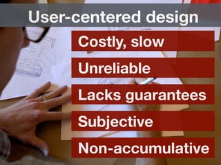 Costly, slow
Unreliable
Lacks guarantees
Subjective
Non-accumulative
User-centered design
 