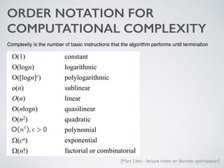 ORDER NOTATION FOR
COMPUTATIONAL COMPLEXITYIntroduction Algorithms Spanning Trees
Notation for Functions f 2 . . .
!"#$%&"'(')"&%*"+%,+"-'.%"*%*/&0')"&1
!"#$ %&'()*')
!"+&,n$ +&,*-.)/0.%
!"1+&,n2c$ 3&+4+&,*-.)/0.%
&"n$ (56+.'7*-
O"n$ +.'7*-
!"n+&,n$ 85*(.+.'7*-
!"n9$ 85*:-*).%
3&+4'&0.*+
!"cn$ 7;3&'7').*+
!"n<$ =*%)&-.*+ &->%&06.'*)&-.*+
Lecture 1: sheet 26 / 43 Marc Uetz Discrete Optimization
[Marc Uetz - lecture notes on discrete optimization]
Complexity is the number of basic instructions that the algorithm performs until termination
 
