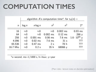 COMPUTATION TIMESSay, we can do 2.2 · 109 operations per second (2.2 GHz)
algorithm A’s computation timea
, for tA(n) =
n log n n log n n2
n3
2n
16 ⇡0 ⇡0 ⇡0 0.002 ms 0.03 ms
64 ⇡0 ⇡0 0.002 ms 0.12 ms 266 y
256 ⇡0 0.001 ms 0.06 ms 7.6 ms 1.6 · 1060
y
4.096 ⇡0 0.02 ms 7.6 ms 31 s ???
65.536 ⇡0 0.47 ms 2 s 78 h ???
16.7 Mio ⇡0 0.2 s 35 h 68066 y ???
a
s=second, ms=1/1000 s, h=hour, y=year
Lecture 1: sheet 33 / 43 Marc Uetz Discrete Optimization
[Marc Uetz - lecture notes on discrete optimization]
 