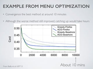 EXAMPLE FROM MENU OPTIMIZATION
• Convergence the best method at around 10 minutes	

• Although the worse method still improved, catching up would take hours
Figure 5: Temporal performance of the optimizer system
for the Firefox and Seashore case. In our test setup, 10,000
iterations takes about 10 minutes.
Cost-
About 10 minsFrom Bailly et al. UIST’13
 