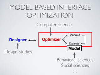 MODEL-BASED INTERFACE
OPTIMIZATION
Designer
Generate
Evaluate
Optimizer
Model
Behavioral sciences 
Social sciences 
…
Computer science
Design studies
 