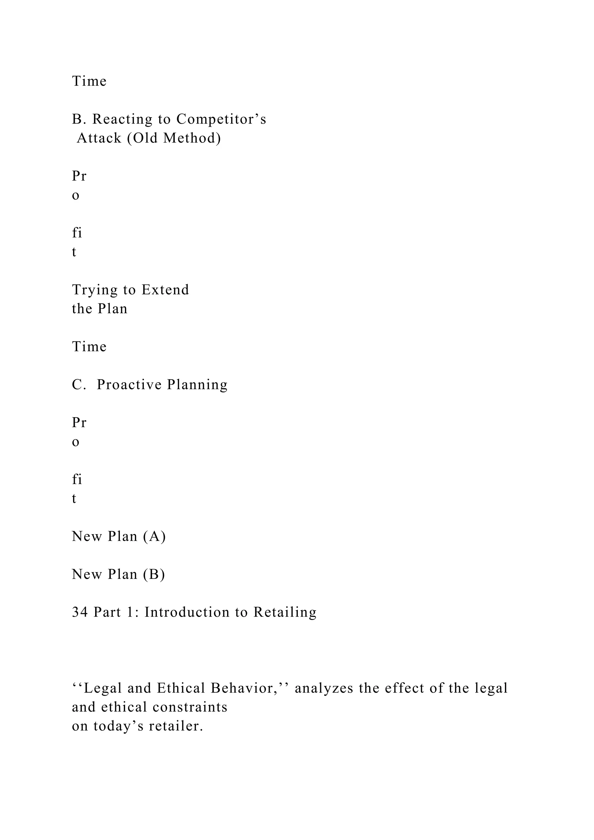 Time
B. Reacting to Competitor’s
Attack (Old Method)
Pr
o
fi
t
Trying to Extend
the Plan
Time
C. Proactive Planning
Pr
o
fi
t
New Plan (A)
New Plan (B)
34 Part 1: Introduction to Retailing
‘‘Legal and Ethical Behavior,’’ analyzes the effect of the legal
and ethical constraints
on today’s retailer.
 