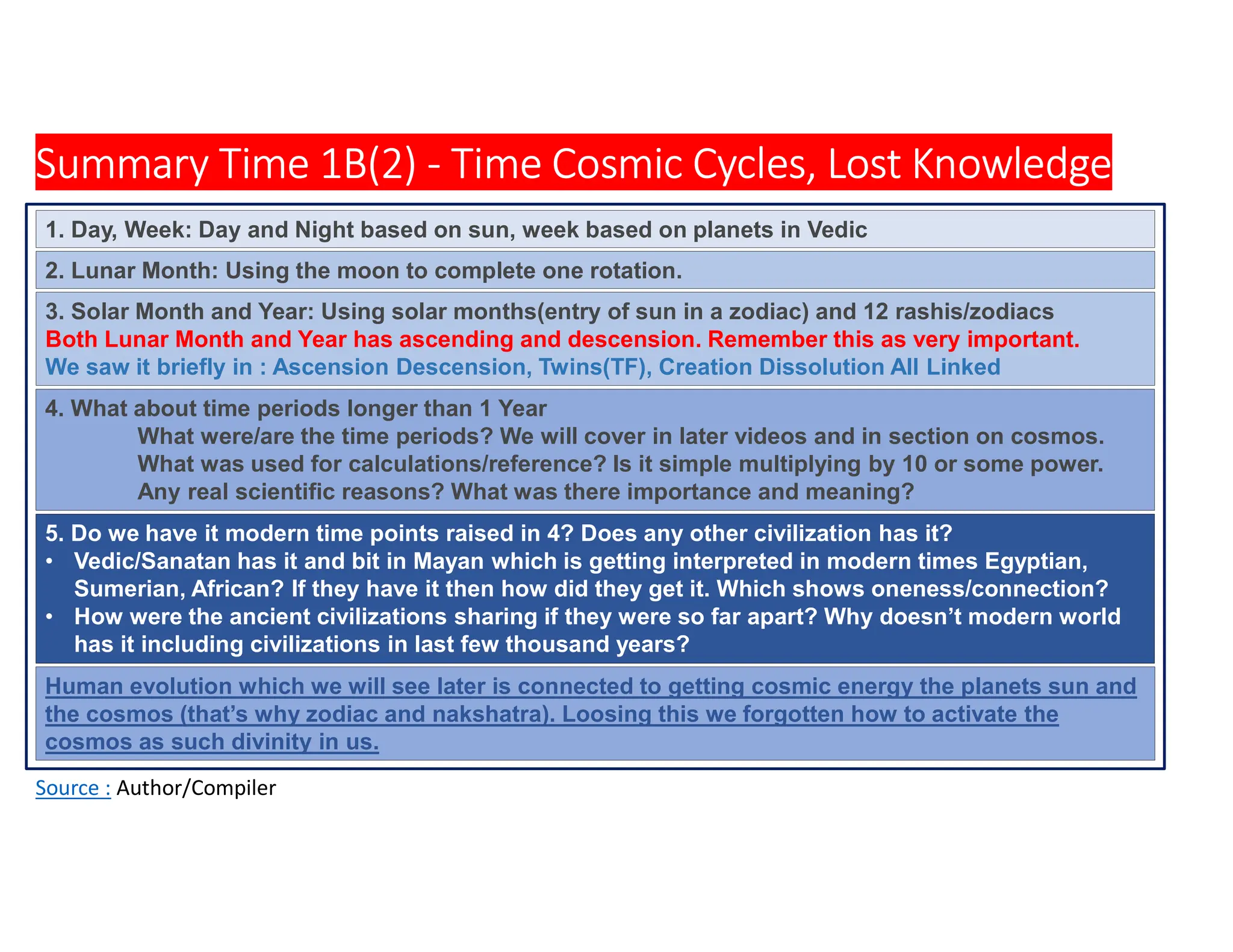 Summary Time 1B(2) - Time Cosmic Cycles, Lost Knowledge
Source : Author/Compiler
4. What about time periods longer than 1 Year
What were/are the time periods? We will cover in later videos and in section on cosmos.
What was used for calculations/reference? Is it simple multiplying by 10 or some power.
Any real scientific reasons? What was there importance and meaning?
2. Lunar Month: Using the moon to complete one rotation.
3. Solar Month and Year: Using solar months(entry of sun in a zodiac) and 12 rashis/zodiacs
Both Lunar Month and Year has ascending and descension. Remember this as very important.
We saw it briefly in : Ascension Descension, Twins(TF), Creation Dissolution All Linked
5. Do we have it modern time points raised in 4? Does any other civilization has it?
• Vedic/Sanatan has it and bit in Mayan which is getting interpreted in modern times Egyptian,
Sumerian, African? If they have it then how did they get it. Which shows oneness/connection?
• How were the ancient civilizations sharing if they were so far apart? Why doesn’t modern world
has it including civilizations in last few thousand years?
1. Day, Week: Day and Night based on sun, week based on planets in Vedic
Human evolution which we will see later is connected to getting cosmic energy the planets sun and
the cosmos (that’s why zodiac and nakshatra). Loosing this we forgotten how to activate the
cosmos as such divinity in us.
 