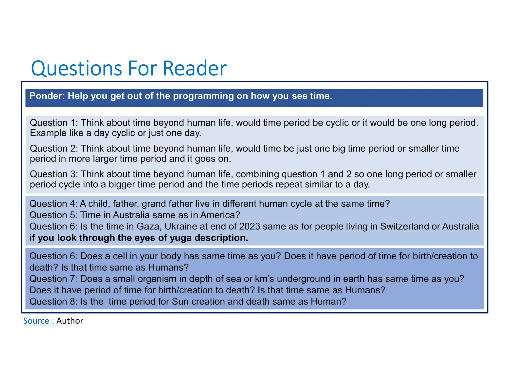 Questions For Reader
Source : Author
Question 1: Think about time beyond human life, would time period be cyclic or it would be one long period.
Example like a day cyclic or just one day.
Question 2: Think about time beyond human life, would time be just one big time period or smaller time
period in more larger time period and it goes on.
Question 3: Think about time beyond human life, combining question 1 and 2 so one long period or smaller
period cycle into a bigger time period and the time periods repeat similar to a day.
Question 4: A child, father, grand father live in different human cycle at the same time?
Question 5: Time in Australia same as in America?
Question 6: Is the time in Gaza, Ukraine at end of 2023 same as for people living in Switzerland or Australia
if you look through the eyes of yuga description.
Question 6: Does a cell in your body has same time as you? Does it have period of time for birth/creation to
death? Is that time same as Humans?
Question 7: Does a small organism in depth of sea or km’s underground in earth has same time as you?
Does it have period of time for birth/creation to death? Is that time same as Humans?
Question 8: Is the time period for Sun creation and death same as Human?
Ponder: Help you get out of the programming on how you see time.
 