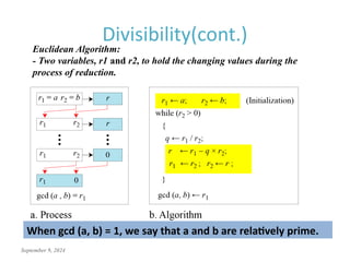 September 9, 2024
Divisibility(cont.)
Euclidean Algorithm:
- Two variables, r1 and r2, to hold the changing values during the
process of reduction.
When gcd (a, b) = 1, we say that a and b are relatively prime.
 