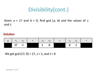 September 9, 2024
Divisibility(cont.)
Given a = 17 and b = 0, find gcd (a, b) and the values of s
and t.
We get gcd (17, 0) = 17, s = 1, and t = 0
Solution
 