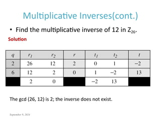 September 9, 2024
Multiplicative Inverses(cont.)
• Find the multiplicative inverse of 12 in Z26.
Solution
The gcd (26, 12) is 2; the inverse does not exist.
 