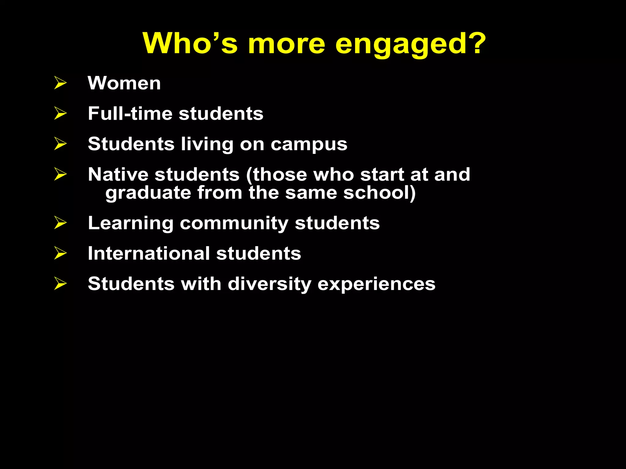 WhoWho’’s more engaged?s more engaged?
 WomenWomen
 FullFull--time studentstime students
 StudentsStudents livingliving on campuson campus
 Native students (those who start at andNative students (those who start at and
graduate from the same school)graduate from the same school)
 Learning community studentsLearning community students
 International studentsInternational students
 Students with diversity experiencesStudents with diversity experiences
What We’re Learning About Student
Engagement From NSSE
George Kuh (in press). Change
Indiana University Bloomington
 