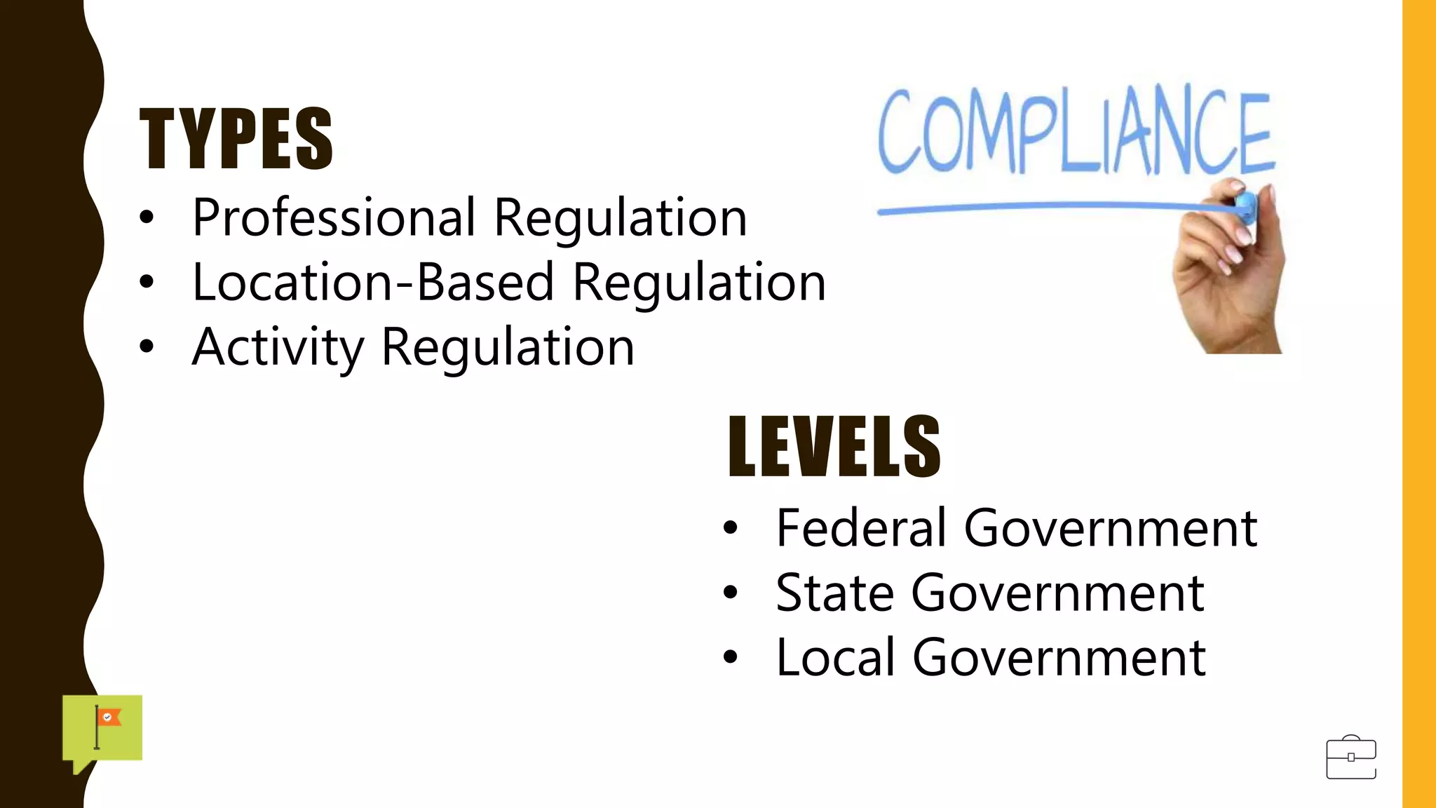 TYPES
LEVELS
• Federal Government
• State Government
• Local Government
• Professional Regulation
• Location-Based Regulation
• Activity Regulation
 